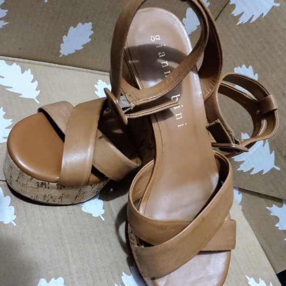 Gianni Bini "Zeeah" Cork Wedge Sandal Camel Tan Platform Heels 8M - Picture 1 of 11